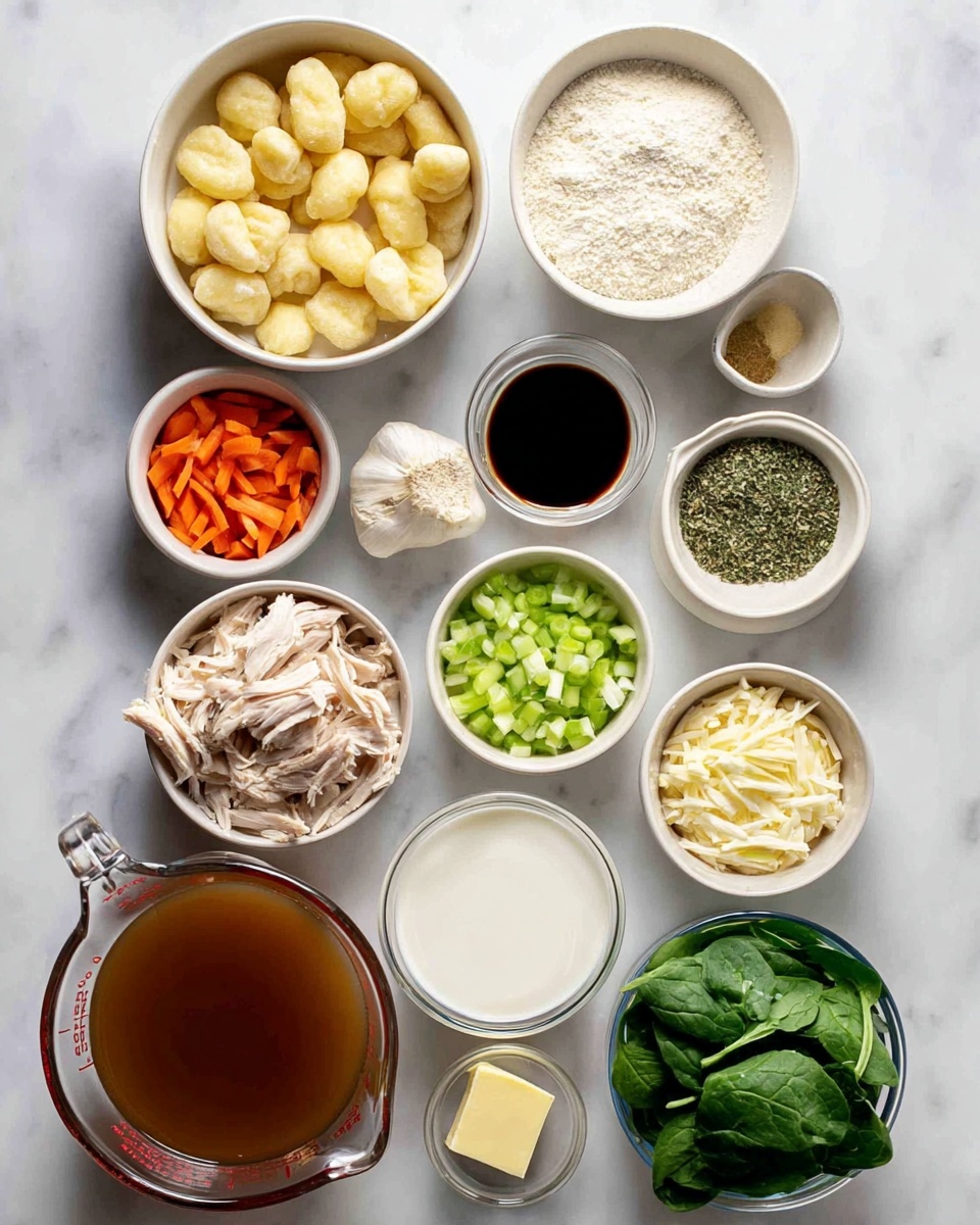The image shows a collection of ingredients neatly arranged on a white marbled surface. There are ten white bowls and one clear glass measuring cup, each filled with different items. Starting from the top left, a bowl is filled with pale yellow gnocchi, next to it is a bowl of white flour, followed by a small bowl of dark soy sauce, and another small bowl containing mixed dried herbs. Below those, there is a bowl with finely minced garlic, a bowl with sliced light green celery, and a clear glass measuring cup holding white milk. On the left side, a bowl with thin carrot sticks is placed near a bowl of shredded cooked chicken with a light beige color. A bowl of chopped white onions is positioned beside a small dish with a square of pale yellow butter. Finally, on the bottom left, a bowl of fresh dark green spinach leaves sits next to a large clear glass measuring cup filled with brown chicken broth. photo taken with an iphone --ar 4:5 --v 7