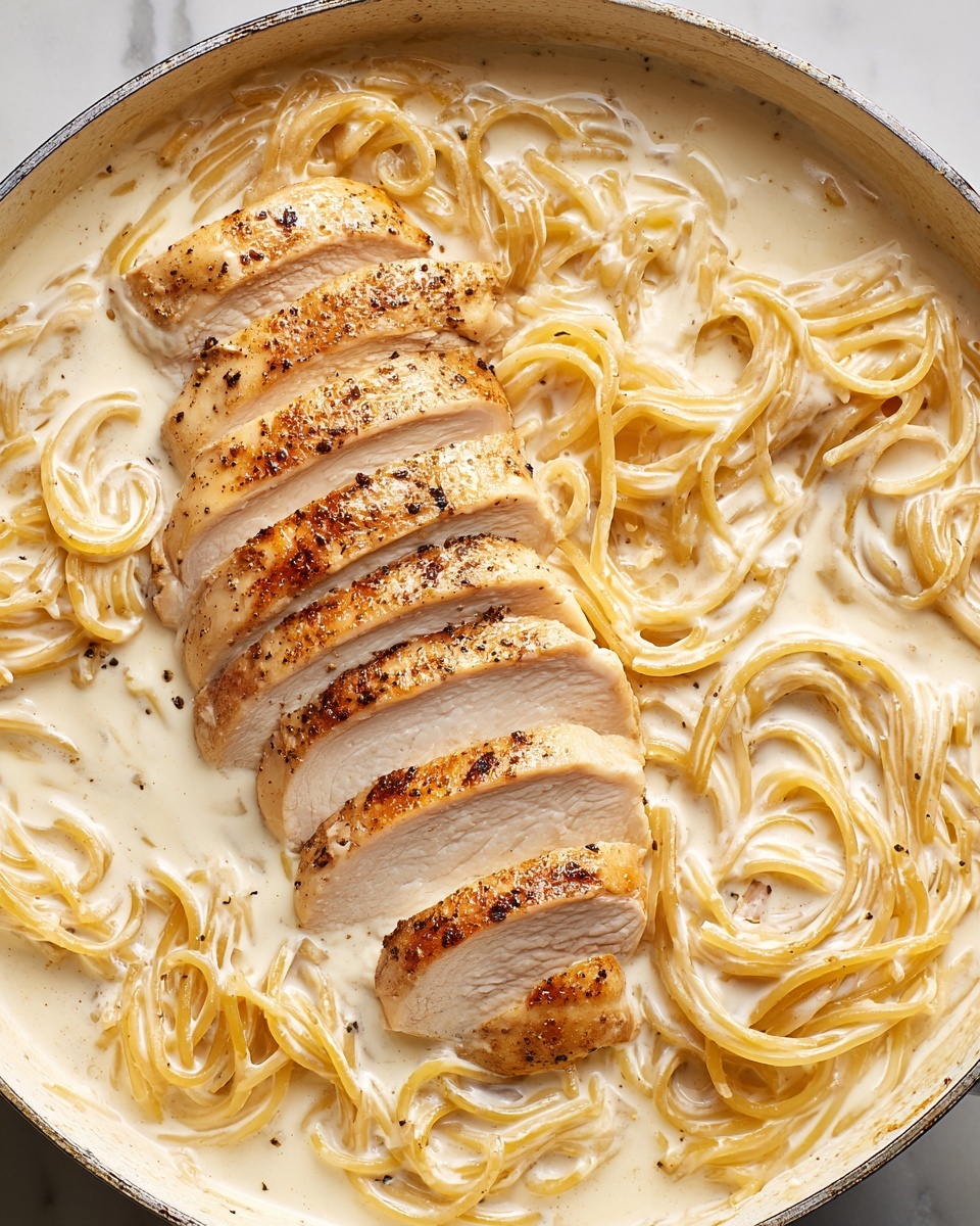 A white pan filled with creamy white sauce and pale yellow spaghetti noodles is shown from above. Two sliced pieces of light golden brown chicken are placed on top, each slice lined up neatly, showing juicy, tender inside meat with a slight seasoning of black pepper on the surface. The white marbled texture is visible around the pan. Photo taken with an iphone --ar 4:5 --v 7