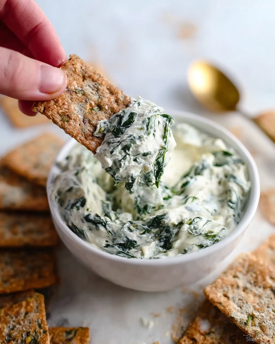 A close-up image shows a woman’s hand holding a brown cracker dipped in a creamy white spinach dip with visible green spinach pieces mixed in. The dip is thick and clings to the cracker, which has a rough, grainy texture. The small white bowl filled with the spinach dip sits on a white marbled surface, surrounded by several more crackers, some whole and some broken. A gold spoon is placed near the bowl, adding a soft warm color contrast. The focus is on the cracker with dip, and the background is softly blurred. photo taken with an iphone --ar 4:5 --v 7