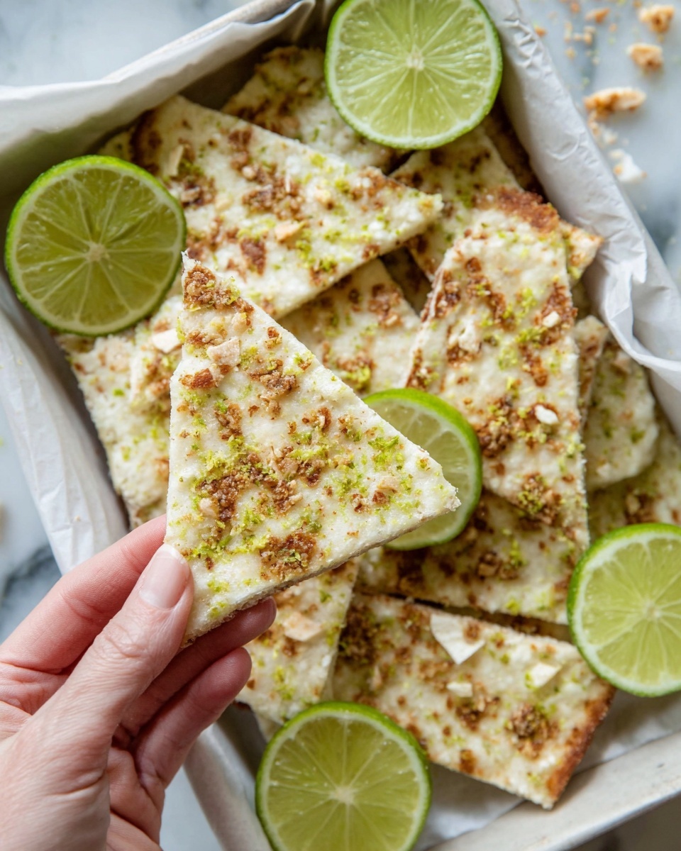 A close-up image shows a woman's hand holding a triangular piece of a white, thin, crispy snack topped with small brown bits and light green specks, likely lime zest. The snack pieces rest in a white tray lined with paper, surrounded by fresh lime slices with bright green outer skin and pale green inner flesh. The snack pieces have uneven, rough texture, and each piece is broken irregularly. The background features a white marbled surface with small crumbs scattered around. Photo taken with an iphone --ar 4:5 --v 7