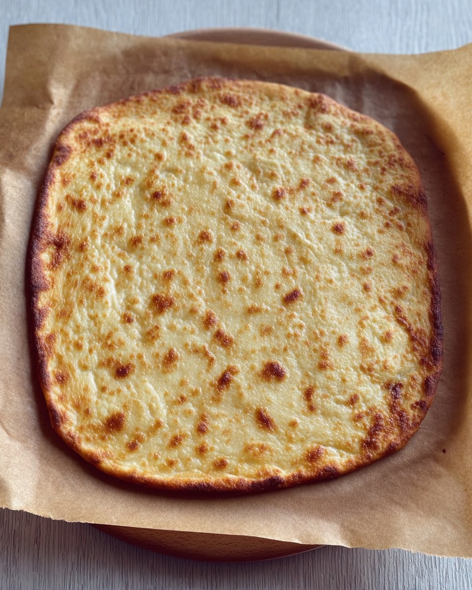 A single cooked pizza crust is shown lying flat on a sheet of brown parchment paper that covers a round white marbled surface. The crust is golden with slightly darker brown spots, especially around the edges. The texture appears slightly rough and bumpy, with a thin edge that is more browned than the center. The baked base has a square shape with rounded corners. Photo taken with an iphone --ar 4:5 --v 7
