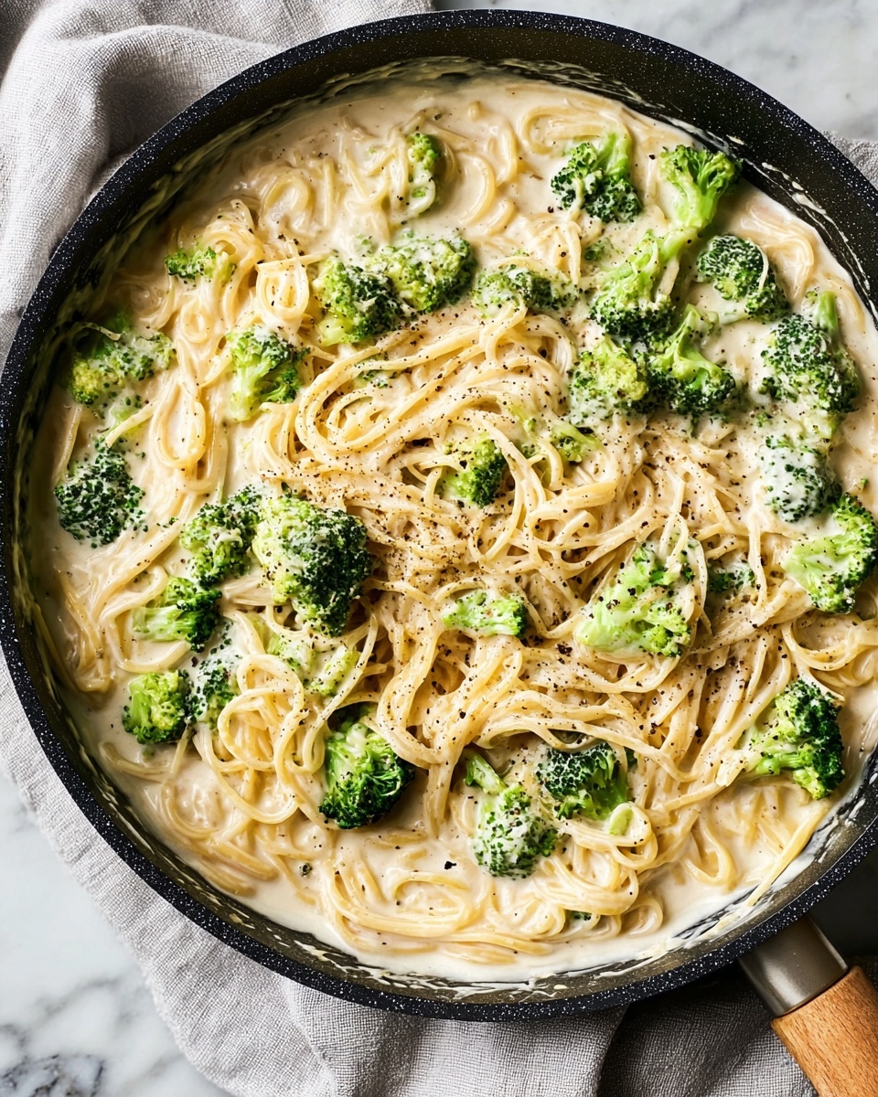 A round black pan filled with creamy white sauce at the base, mixed thickly with light yellow spaghetti noodles twisted throughout. Bright green broccoli pieces are spread evenly on top and mixed inside the sauce, adding a fresh texture. The surface is speckled with black pepper, giving a slight contrast to the smooth creaminess and bright vegetables. The pan sits on a white marbled surface with a light grey cloth nearby, creating a clean and fresh setting. photo taken with an iphone --ar 4:5 --v 7