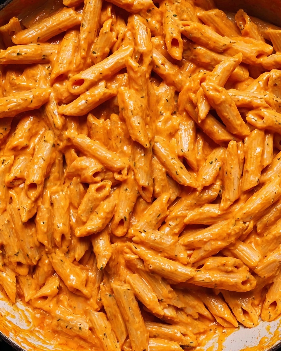 A close-up top view of penne pasta coated evenly in a smooth, creamy orange sauce with a slightly shiny texture. The pasta pieces are tightly packed and mixed well, filling the whole white marbled pan, showing a rich and thick sauce clinging to each penne. Small specks of herbs are visible throughout the sauce, adding a bit of color and texture contrast to the smooth pasta. photo taken with an iphone --ar 4:5 --v 7