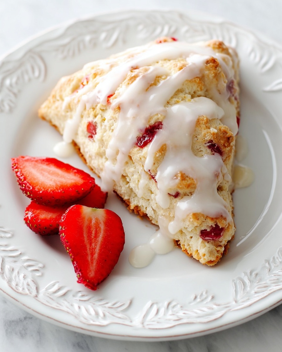 The image shows several triangular strawberry scones on light brown parchment paper with a white marbled background, each scone containing visible pieces of red strawberries baked into a light golden crust that looks flaky and soft. The scones have a glossy white icing drizzled unevenly over the top layer, adding a shiny texture that contrasts with the roughness of the scones. One halved fresh strawberry is placed beside the scones, showing its bright red interior and green leafy top, while the overall arrangement is close-up, capturing the texture and moistness of the scones clearly. Photo taken with an iphone --ar 4:5 --v 7