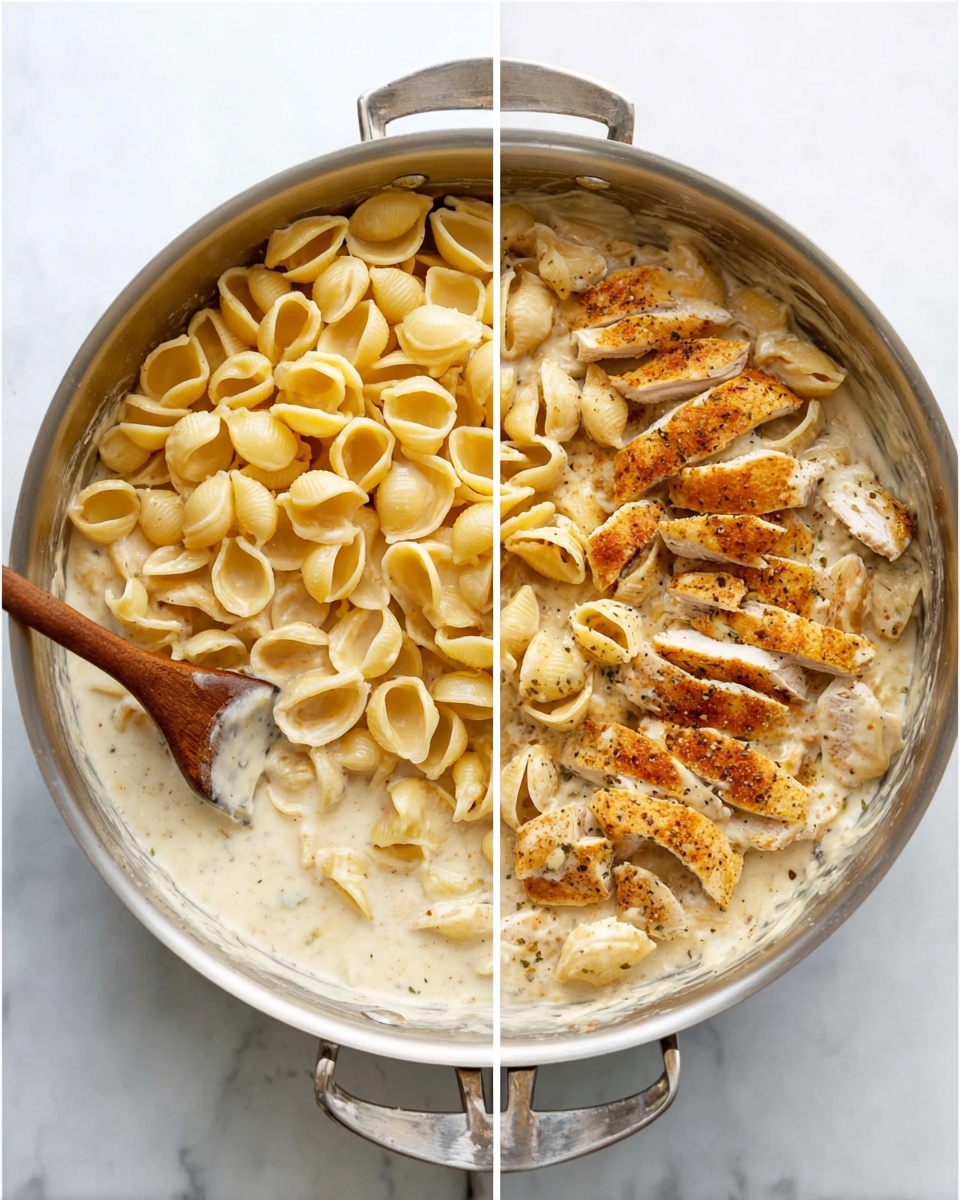 A round silver pan sits on a white marbled surface, filled with a creamy white sauce base that has specks of herbs throughout. On top, there is a thick layer of yellow pasta shells resting evenly over the sauce. In the next image, the same pan shows the pasta mixed into the creamy sauce, now light beige from soaking the sauce. Atop one side of the mix, there are several strips of golden-brown cooked chicken with visible seasoning. A wooden spoon rests diagonally inside the pan, partially stirring the pasta and chicken. The texture is smooth with the pasta shells rounded and the chicken crisp on edges. Photo taken with an iphone --ar 4:5 --v 7