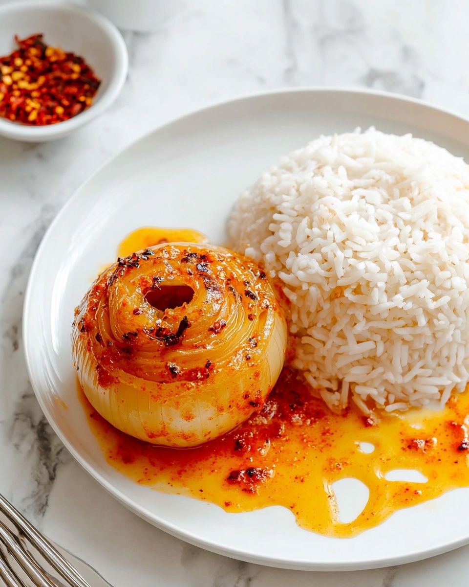 A white plate shows two main parts: on the right side, a mound of plain cooked white rice with soft, separate grains, and on the left side, a round stuffed onion covered in bright orange-red sauce with visible spices and oil, some sauce spreading on the plate around the onion, creating a glossy texture. The onion has a light golden color with darker specks of seasoning and a central hollow in its top. The background is a white marbled surface with a small bowl of red chili flakes below the plate and a silver fork partly visible on the left side. Photo taken with an iphone --ar 4:5 --v 7
