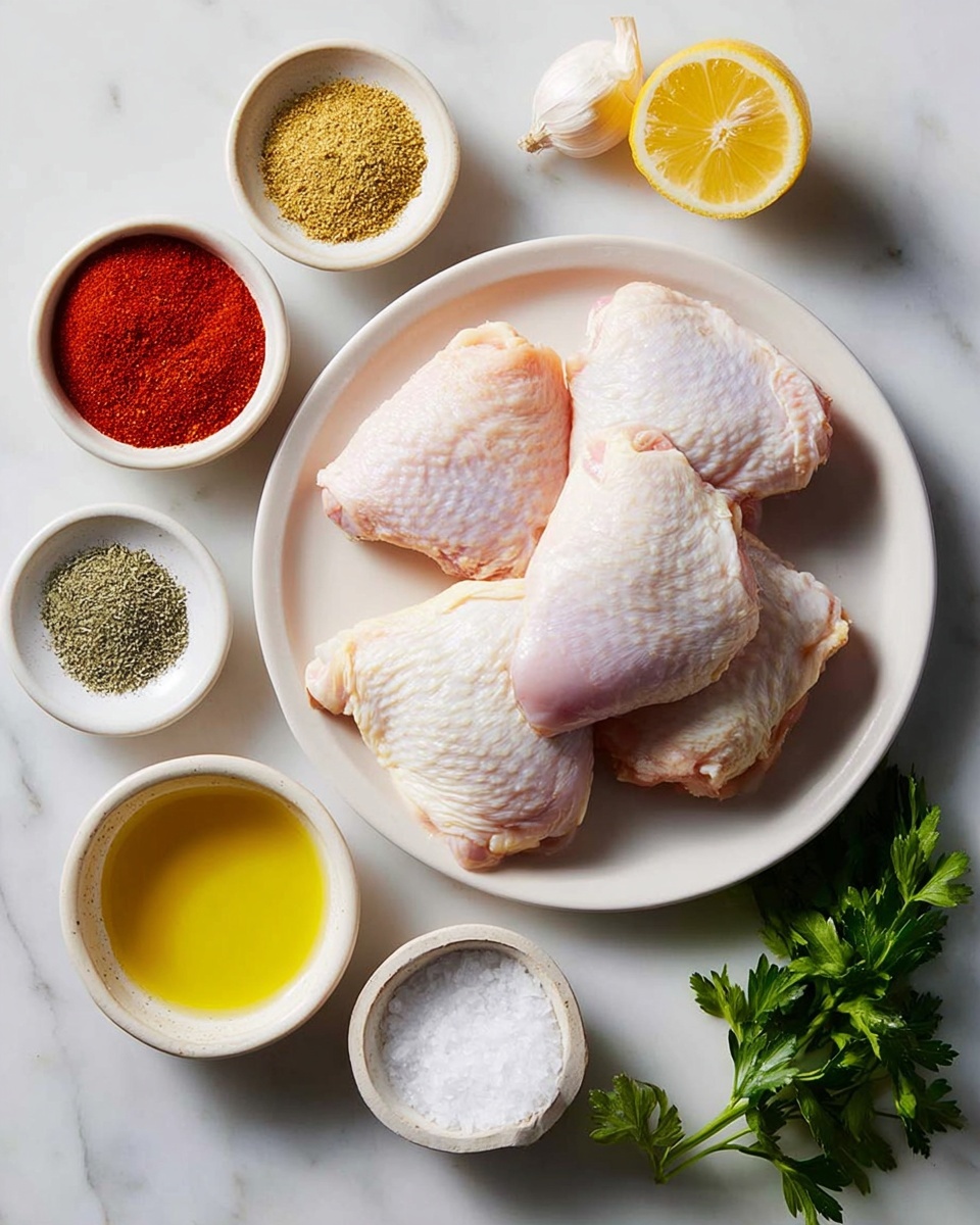 The image shows a white plate with five raw chicken thighs placed in a loose pile, showing pale pink and creamy skin with slight texture. Around the plate on the white marbled surface are small bowls and ingredients: a small bowl with bright red powder, another with light green dried herb powder, a smaller bowl with white coarse salt, a white bowl filled halfway with golden olive oil, and two whole garlic bulbs with a rough white outer skin. A lemon half with bright yellow flesh is placed near the top right, and a small bunch of fresh flat-leaf parsley with deep green leaves lies at the bottom right. All ingredients are arranged neatly on the white marbled background. photo taken with an iphone --ar 4:5 --v 7