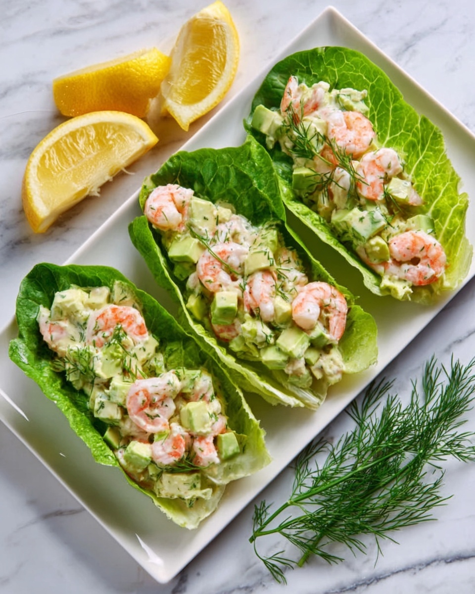 The image shows three pieces of green lettuce leaves placed side by side on a white rectangular plate, each topped with a creamy mixture of pink shrimp, light green celery, and pale chunks of avocado. The shrimp are arranged on top and inside the creamy mixture, which has small green herb bits scattered throughout. To the left of the plate, there are slices of bright yellow lemon and sprigs of fresh green dill. The plate sits on a white marbled surface. photo taken with an iphone --ar 4:5 --v 7