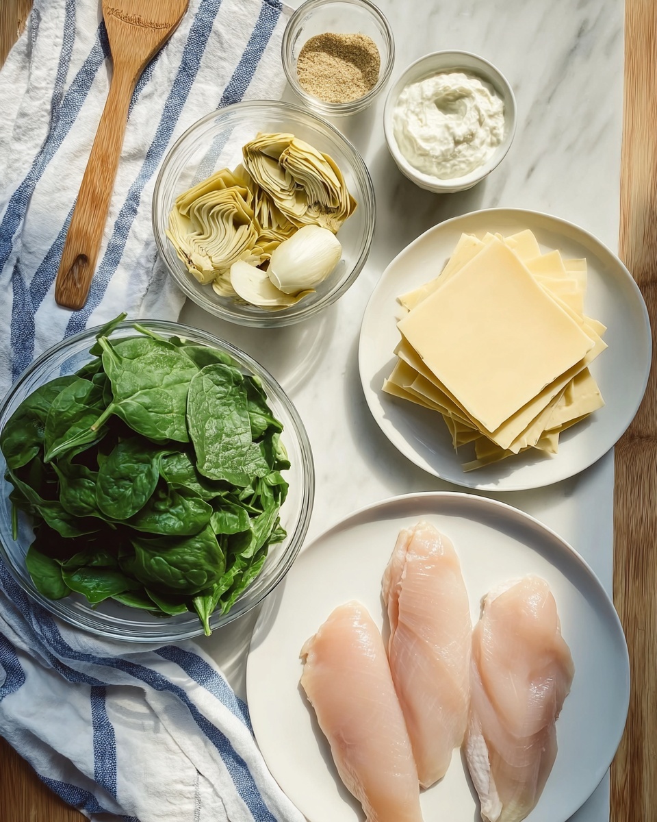 The image shows several ingredients arranged neatly on a white marbled surface. On the right, there is a white plate with three pieces of raw, pale pink chicken fillets laid flat. Below it, a white plate holds multiple square slices of pale yellow cheese stacked in two layers. To the left, a clear glass bowl contains fresh, dark green spinach leaves. Above it, a small white bowl is filled with light yellow artichoke hearts. Next to it is another small white bowl with a creamy white yogurt-like substance. Above that, a clear small bowl has a dollop of light brown mustard and some beige powder. In the top left corner, a wooden spoon rests on a white cloth with blue stripes. The photo has a warm and natural light, taken with an iphone --ar 4:5 --v 7
