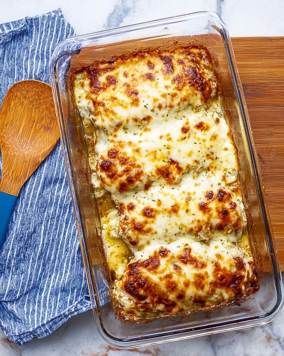 A clear rectangular glass baking dish filled with three large pieces of baked food covered in a melted golden and slightly browned cheese layer on top. The cheese is thick, bubbly, and browned in some spots, showing a creamy texture under the crust. The dish is placed on a white marbled surface with a blue and white striped cloth next to it. A wooden spoon with a blue handle lies nearby on the left side. The overall look is warm and inviting, showing a cheesy baked meal ready to serve photo taken with an iphone --ar 4:5 --v 7