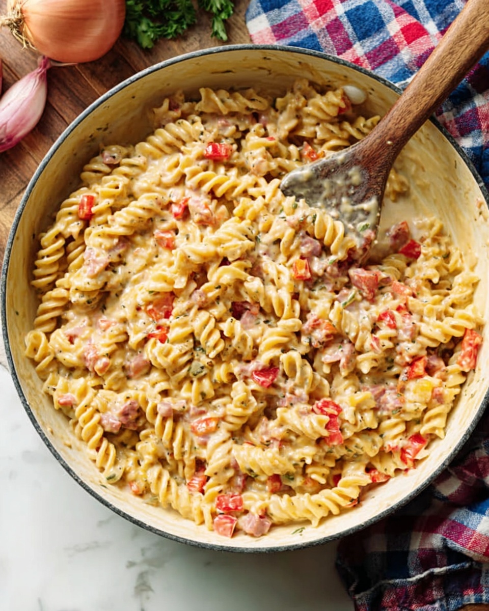 The image shows a large white pan filled with creamy pasta spirals mixed evenly with small pieces of red bell pepper and bits of pink meat. The pasta is coated in a light sauce that gives it a slightly shiny look. A wooden spoon with a woman's hand holding it rests in the pan from the top right side, stirring the pasta. The pan sits on a white marbled surface with part of a checkered blue and red cloth and some whole vegetables like an onion and bell pepper visible near the edges. The overall colors are soft and warm, highlighting the creamy texture of the dish. photo taken with an iphone --ar 4:5 --v 7