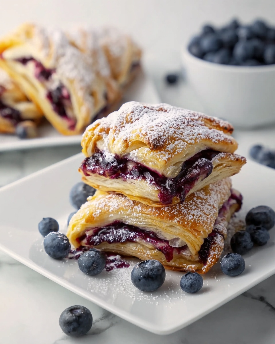 The image shows a white square plate with three blueberry pastries stacked on top of each other. Each pastry has several layers of golden brown flaky dough with deep purple blueberry filling visible in between the layers. The top pastry is dusted with powdered sugar that lightly covers the surface. Around the plate are scattered fresh blueberries, giving a pop of dark blue color. In the background, there is a white bowl filled with blueberries and another white square plate with more pastries. The surface is a white marbled texture. Photo taken with an iphone --ar 4:5 --v 7
