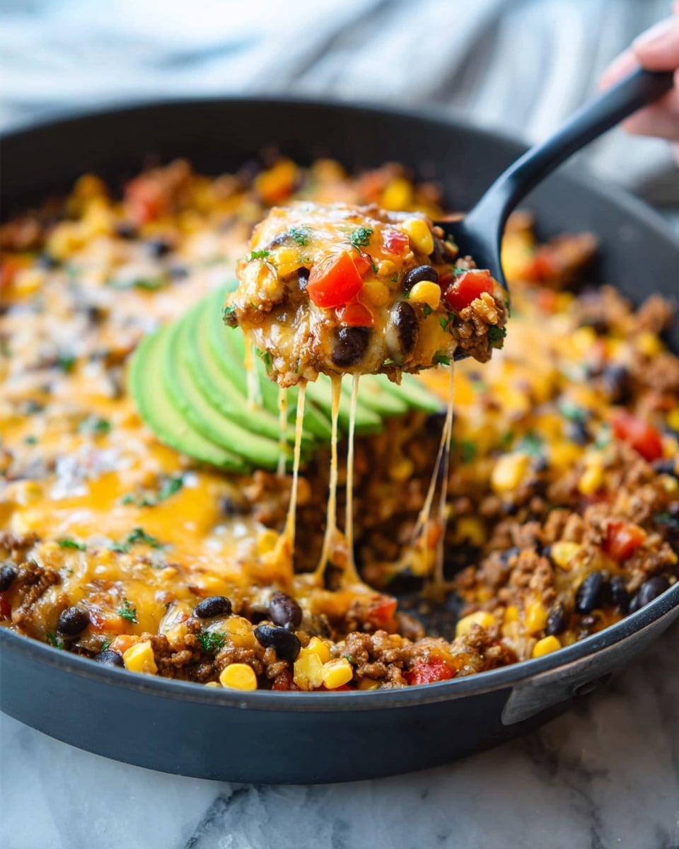 A black pan filled with a colorful layered dish mostly made of cooked ground meat, black beans, bright yellow corn, and diced red tomatoes; melted light yellow cheese is spread thickly on top and is stretching as a black spoon lifts a serving from the pan; in the center of the pan are slices of green avocado adding a fresh touch, all set on a white marbled surface; a woman's hand holds the spoon lifting the hot, mixed, cheesy ingredients photo taken with an iphone --ar 4:5 --v 7