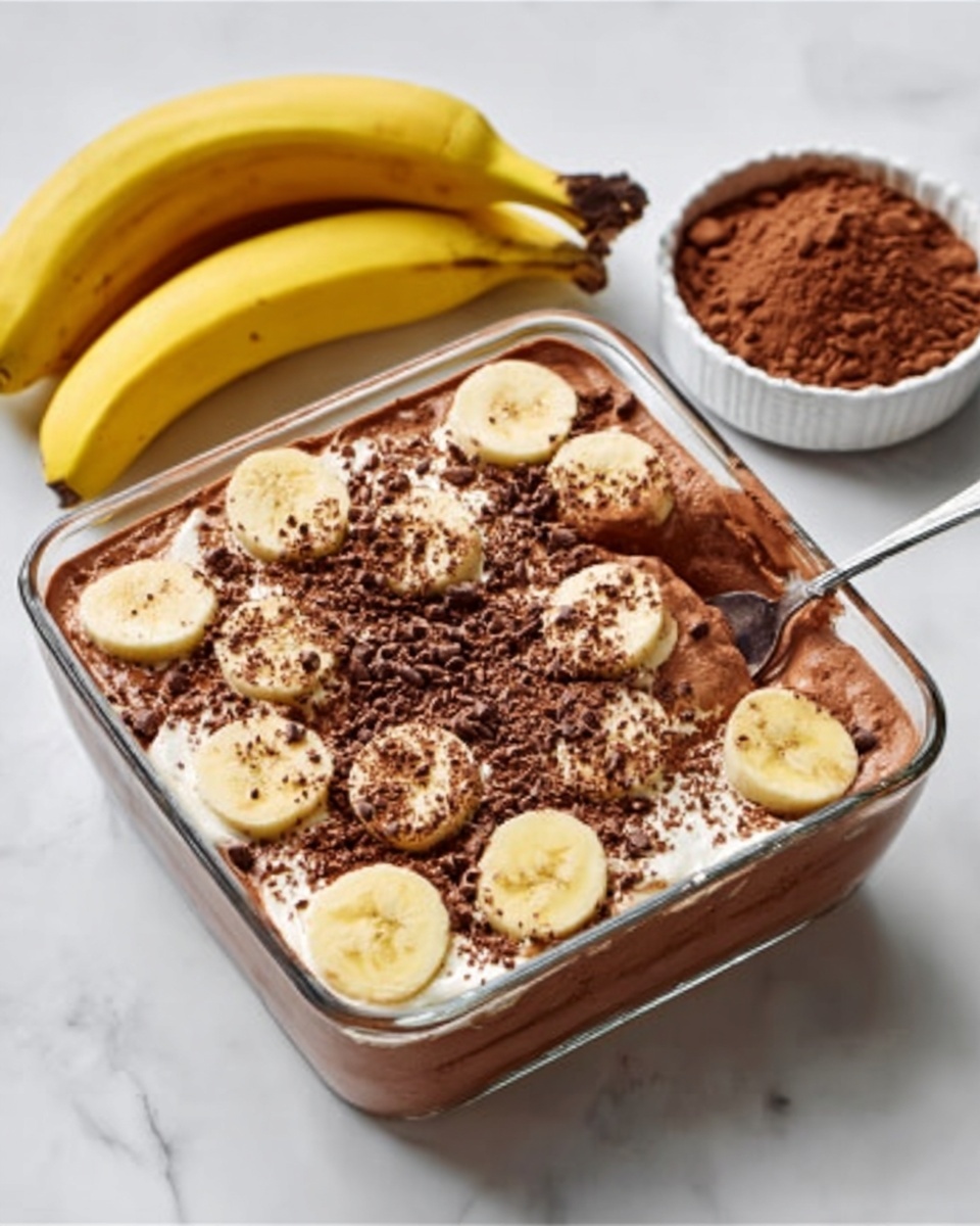 A clear glass square dish filled with layers of dessert, starting from the bottom layer of smooth chocolate cream, topped with slices of banana evenly spread around the edges. On top of the bananas, there is a thick layer of more chocolate cream, with a rough layer of cocoa powder and small chocolate crumbs sprinkled unevenly over the surface. A spoon is dipped inside the dish on the right side. A bunch of yellow bananas and a small white bowl filled with cocoa powder are placed behind the dish on a white marbled surface photo taken with an iphone --ar 4:5 --v 7