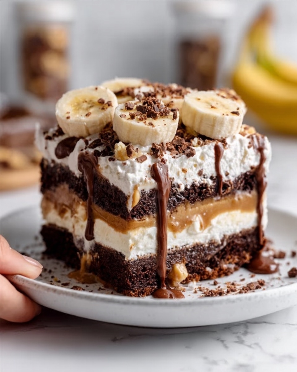 The image shows a close-up of a tall, layered chocolate dessert on a white plate, sitting on a white marbled surface. The dessert has five main layers: the bottom layer is a dark, moist chocolate cake; above it is a thick, creamy caramel layer with visible bits of nuts; next is a smooth white cream layer; then there is another rich chocolate cake layer; and the top layer is covered with thick white frosting sprinkled with small chocolate crumbs and pieces. The top is decorated with nine banana slices placed evenly in a circle, and a drizzle of melting chocolate runs down the side near the front. A woman's hand holds the plate gently from the side. In the background, there are blurred out decorations and containers adding depth to the image. photo taken with an iphone --ar 4:5 --v 7
