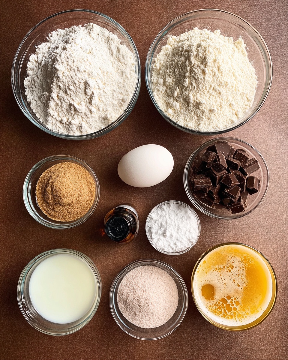 A top view of nine baking ingredients arranged neatly on a brown surface: a large clear bowl of white flour at the top center, a medium clear bowl of dark chocolate pieces to the right, a medium clear bowl of light brown sugar to the left, a white egg placed between the brown sugar and chocolate, a small clear bowl of white granulated sugar below the brown sugar, a small clear bowl with white and light pink powders to the right of the sugar, a small clear bowl with a milky white liquid below the powders, a medium clear bowl filled with a golden melted butter with foam on top to the right of the powders, and a small dark bottle with a black cap below the butter. photo taken with an iphone --ar 4:5 --v 7