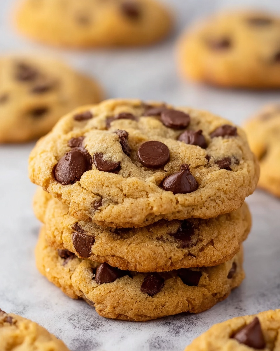 A small stack of three golden brown chocolate chip cookies with a soft, slightly bumpy texture is shown in close-up. The cookies have many dark brown, shiny chocolate chips scattered unevenly across each one, some slightly melting into the dough. More cookies rest in the blurry background on a white marbled surface. The stack is the main focus, showing the round shape and thick, chewy appearance of the cookies. photo taken with an iphone --ar 4:5 --v 7