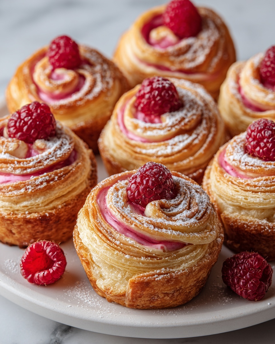 The image shows six small rose-shaped pastries arranged closely on a white plate, which rests on a white marbled surface. Each pastry has three main layers: the base is golden brown and crispy with a slightly darker, textured bottom; above that is a thick, swirled layer of light golden puff pastry with fine, visible layers; the top layer has a pinkish-red filling spread thinly between pastry folds, giving a marbled look. Each pastry is crowned with a bright red raspberry in the center and dusted lightly with white powdered sugar, adding a delicate finish. A few extra raspberries are scattered around the plate. Photo taken with an iphone --ar 4:5 --v 7