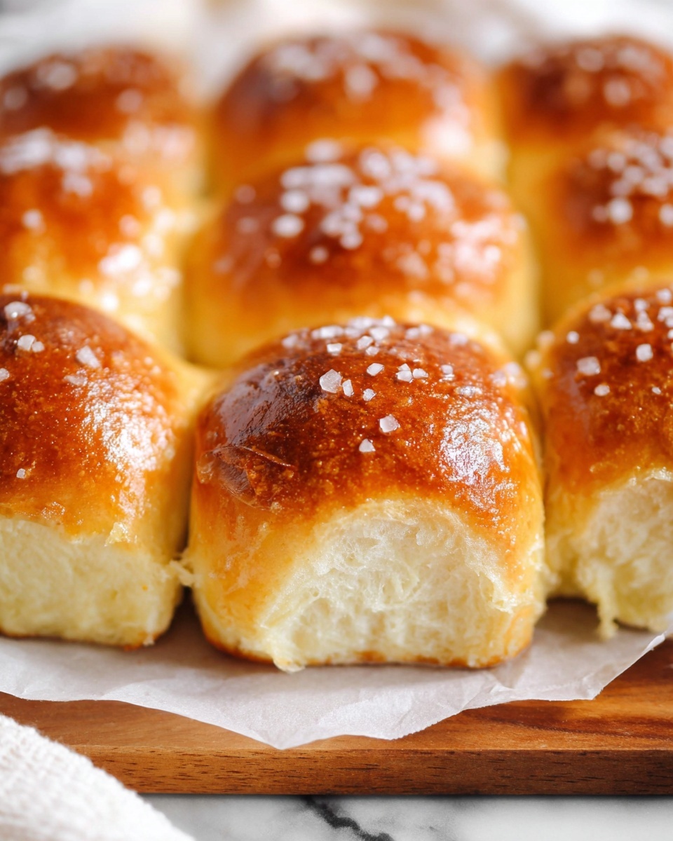 The image shows a close-up of nine golden brown soft rolls tightly placed in a 3 by 3 arrangement on white parchment paper. Each roll has a shiny, slightly cracked surface lightly sprinkled with coarse sea salt on top. The rolls have a light golden crust with a soft, pale inside visible between the layers. The texture looks fluffy and slightly crusty on the outside. The scene is set on a wooden board with a white marbled surface background. photo taken with an iphone --ar 4:5 --v 7