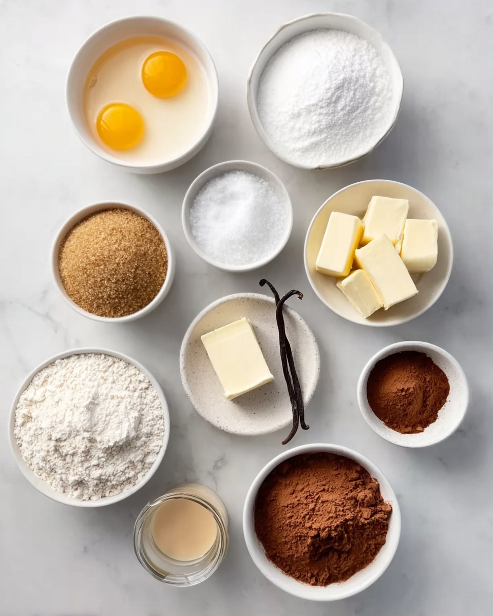 The image shows eleven white bowls, each filled with different baking ingredients, arranged on a white marbled surface. Starting from the top left, there is a bowl with two raw eggs with bright yellow yolks, next to it is a bowl filled with white powdered sugar. Below these, there is a bowl containing light brown sugar with a soft texture, and next to it is a small bowl of fine white salt, as well as a slightly larger bowl with white granulated sugar and a vanilla bean resting on top. Below the sugar bowls, another bowl holds two sticks of solid pale yellow butter. To the right, there is a bowl filled with light brown cocoa powder, and a smaller bowl with dark brown cinnamon powder. At the bottom left, the largest bowl is filled with fine white flour. Lastly, there is a small glass container holding a beige liquid, possibly vanilla extract or a similar ingredient. The arrangement is neat and clean, with soft natural lighting highlighting the textures and colors of each ingredient. Photo taken with an iphone --ar 4:5 --v 7