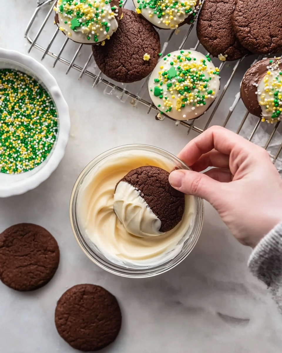 The image shows a round chocolate cookie partly dipped in white chocolate, held by a woman's hand dipping it into a clear glass bowl filled with creamy white chocolate. On the white marbled surface below, there are more dark brown cookies scattered around and a white bowl filled with green, white, and yellow sprinkles. A white wire cooling rack is placed at the top with several cookies that are half coated with white chocolate and decorated with green, white, and yellow sprinkles. photo taken with an iphone --ar 4:5 --v 7