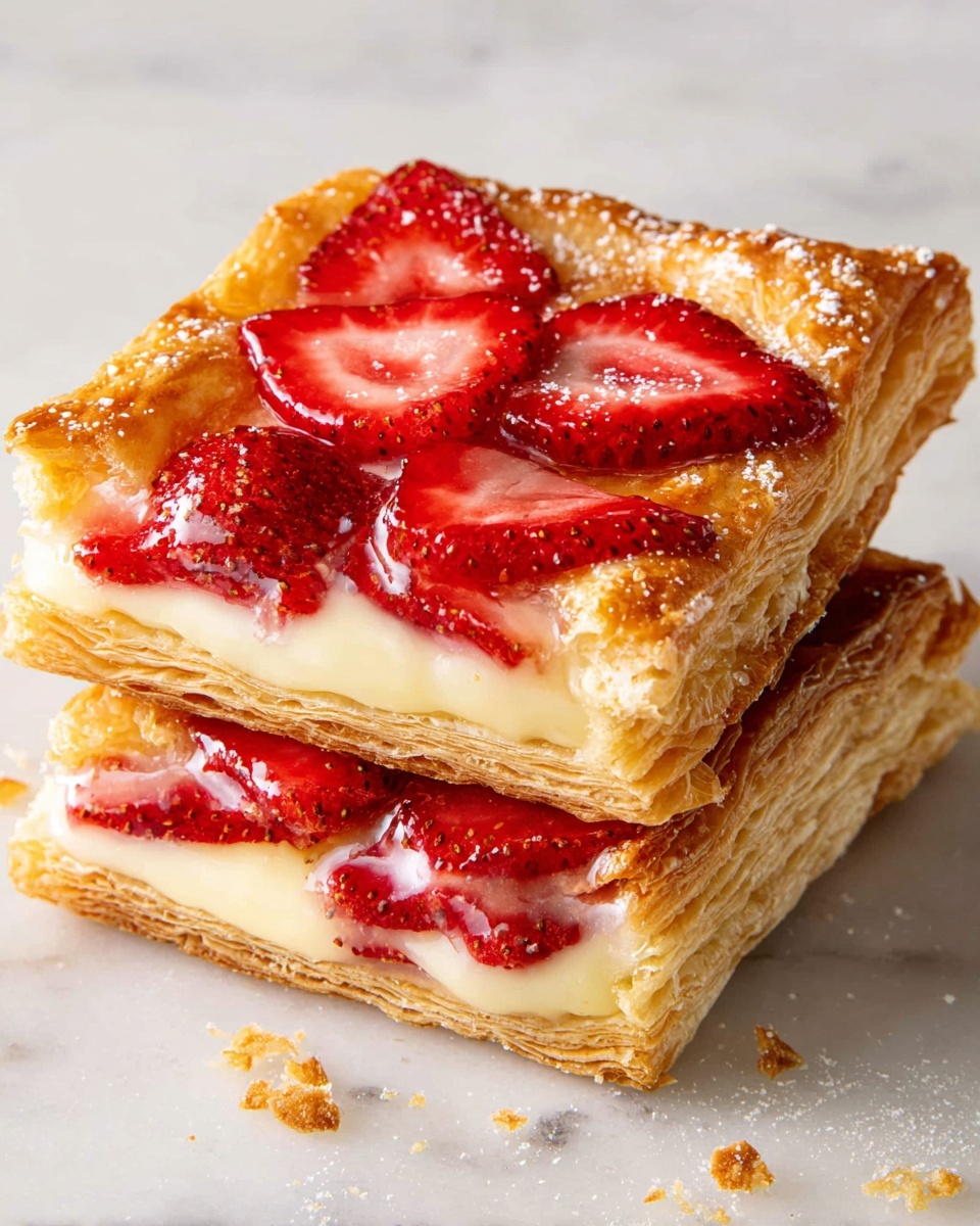 The image shows a stack of two square pastries, each with three layers visible: a golden-brown flaky puff pastry base with crisp edges, a creamy light yellow custard layer in the middle, and a topping of bright red glazed strawberry slices that look shiny and fresh, placed in the center of each pastry. The pastries sit on a white marbled surface with some crumbs scattered around. photo taken with an iphone --ar 4:5 --v 7