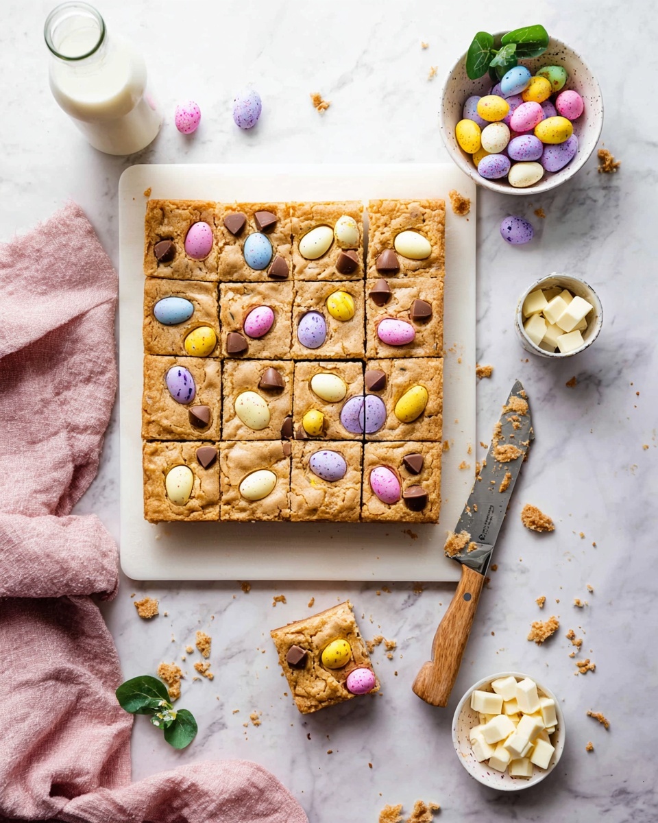 A square blondie bar is cut into 12 equal pieces, arranged neatly on a white cutting board over a white marbled surface. The blondie is golden brown with a slightly textured top and is decorated with colorful, speckled candy eggs in pastel shades of yellow, purple, pink, blue, and chocolate, some whole and some broken, scattered evenly across the surface. A single square is placed slightly away from the main block, showing the thickness of the bar. To the right, a knife with a wooden handle rests on the white marbled surface. A small bowl with white chocolate chunks sits nearby, while a small white bowl filled with more pastel candy eggs is positioned above. A bottle of milk and some green leaves add freshness to the scene on the left side, where a soft pink cloth lies casually. There are small crumbs and candy shell pieces scattered around, adding a natural, informal look. photo taken with an iphone --ar 4:5 --v 7