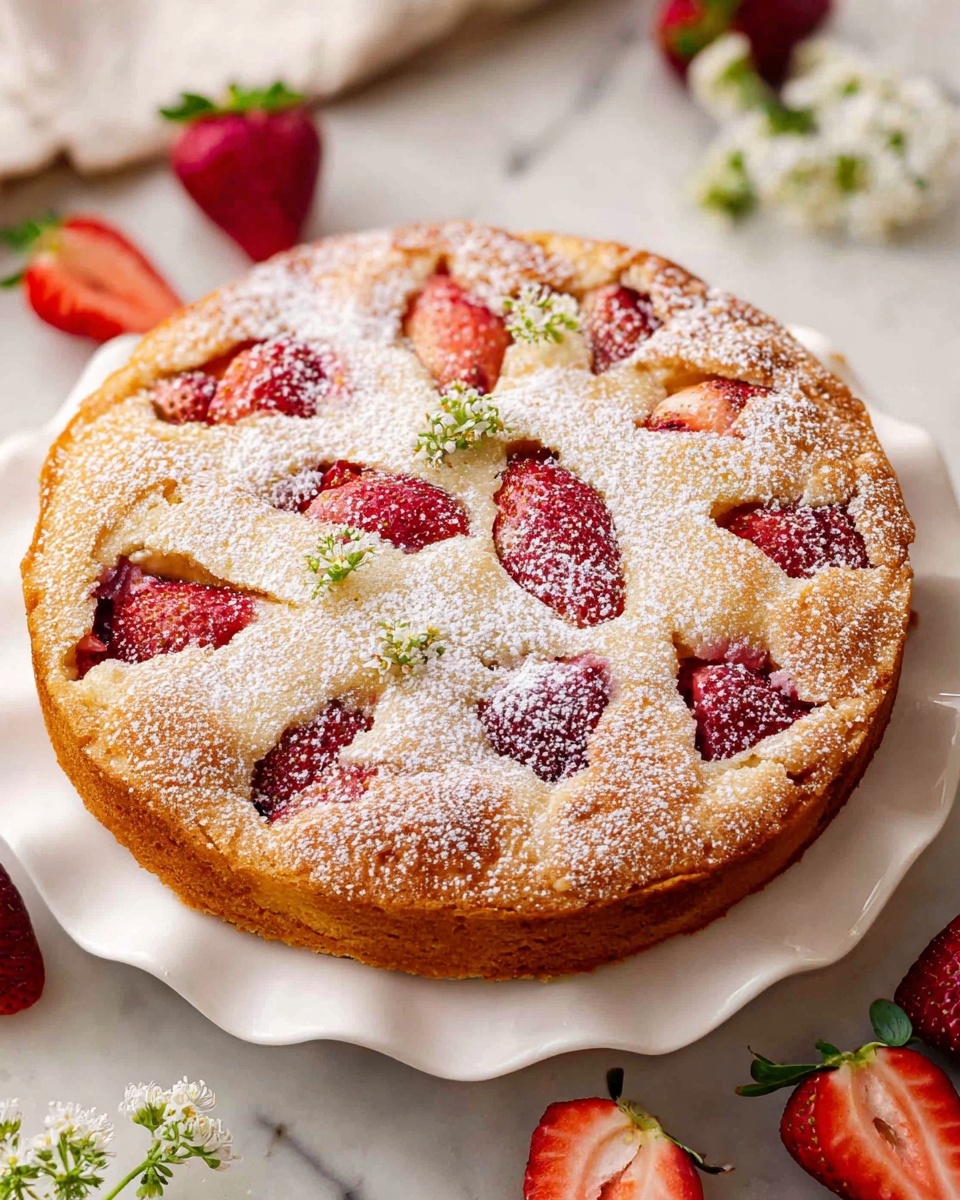 A round cake with a light golden-brown top layer is studded with halved strawberries peeking through the surface. The cake is dusted with a fine, white powder of sugar evenly covering the top, adding texture and light contrast. It sits on a white scalloped-edge plate, on a white marbled surface. Around the plate, there are whole and sliced strawberries with small white flowers scattered nearby for decoration. photo taken with an iphone --ar 4:5 --v 7
