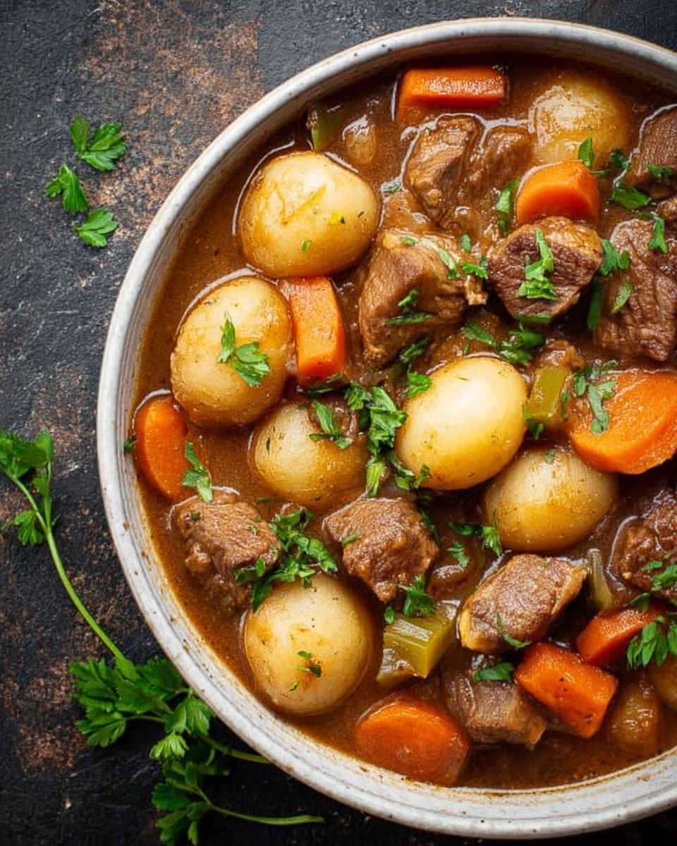 A deep round white bowl filled with a rich stew showing several layers: large soft chunks of light brown meat scattered evenly; thick slices of bright orange carrot in round shapes mixed throughout; whole small beige baby potatoes; green celery pieces cut into small bits; fresh green parsley leaves placed on top and around for decoration; light brown broth covering the ingredients with a smooth, glossy texture. The bowl sits on a white marbled surface with a rustic dark gray background visible on the right side. photo taken with an iphone --ar 4:5 --v 7