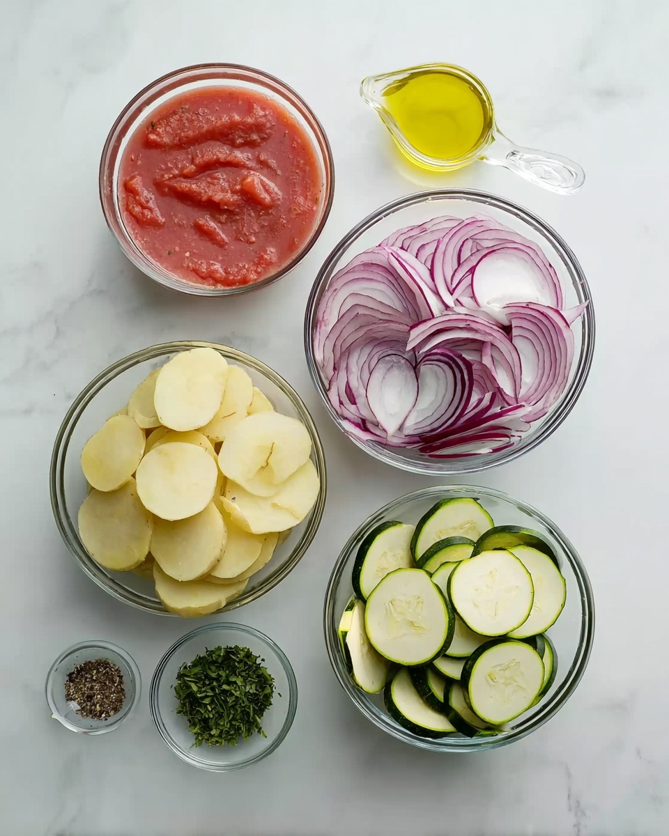 The image shows six clear glass bowls arranged on a white marbled surface. The top left bowl holds a smooth, red sauce with a slightly watery texture. To its right, a larger bowl contains thinly sliced red onions with their purple and white layers visible. Next, a small bowl with a handle contains a clear yellow oil. Below the sauce, a very small bowl has finely chopped green herbs. Next to it, a tiny bowl holds coarse black pepper. In the bottom center, a large bowl is filled with round, pale yellow potato slices. Finally, on the right, a bowl holds thin, round slices of green zucchini with light and dark green rings. photo taken with an iphone --ar 4:5 --v 7