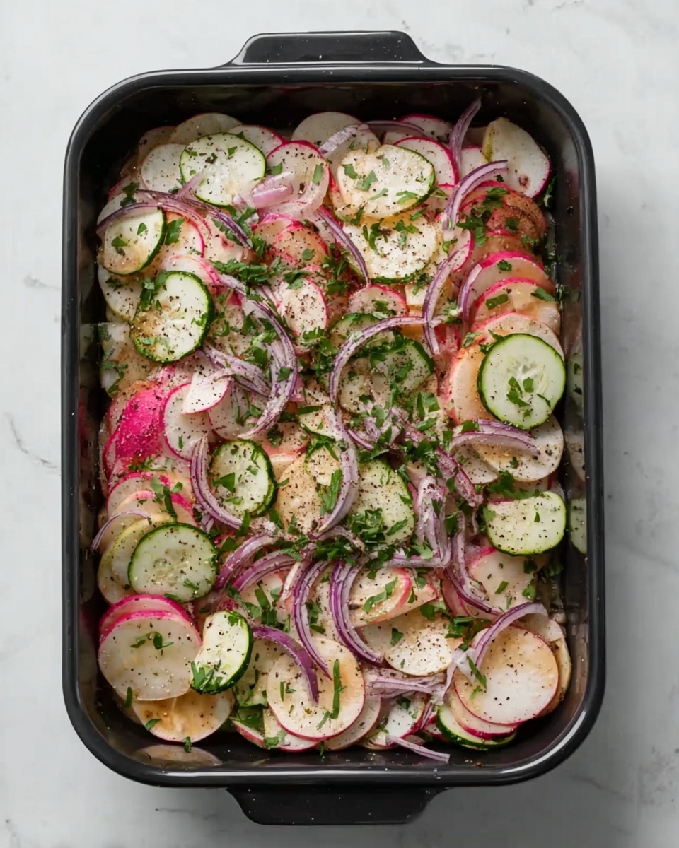 A black rectangular baking dish filled with a colorful mix of thinly sliced vegetables arranged in several layers. The bottom layer has white and pink slices, likely radishes or turnips, followed by a layer of thin, round, light green slices of cucumber. Scattered on top are thin strips of red onion, adding bright purple tones. The dish is sprinkled with fresh green parsley and a light dusting of black pepper. The surface underneath is a white marbled texture. photo taken with an iphone --ar 4:5 --v 7