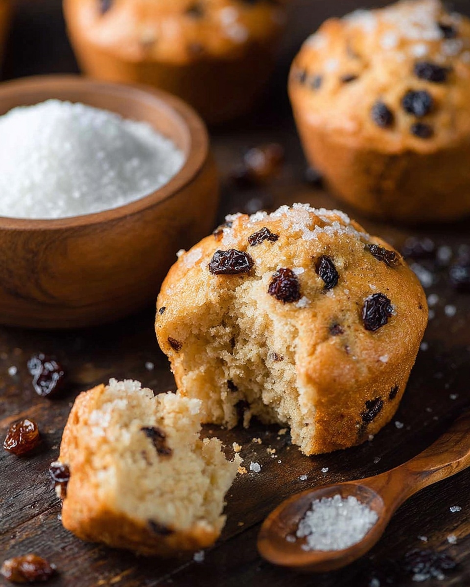 The image shows a close-up of a muffin with a golden brown top dotted with dark raisins and sprinkled with large grains of sugar, which add a sparkling texture. The muffin has one piece broken off, revealing a soft, airy inside with raisins scattered throughout. In the background, there are more muffins and a wooden bowl filled with sugar, along with a spoon holding more sugar crystals. The surface is dark wooden, creating a warm contrast to the muffins. Small raisins are scattered gently around the muffins, adding detail to the scene. photo taken with an iphone --ar 4:5 --v 7