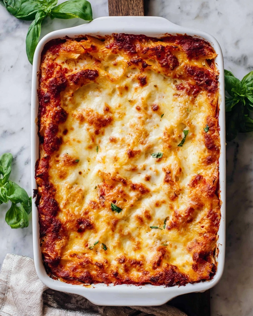 The image shows a white rectangular baking dish filled with baked pasta. The dish has two visible layers: the bottom layer of pasta mixed with red tomato sauce, and the top layer covered with melted cheese browned in spots with a golden texture. The cheese looks stringy and bubbled from baking. The dish is placed on a white marbled surface, and green basil leaves are scattered nearby as decoration. Photo taken with an iphone --ar 4:5 --v 7