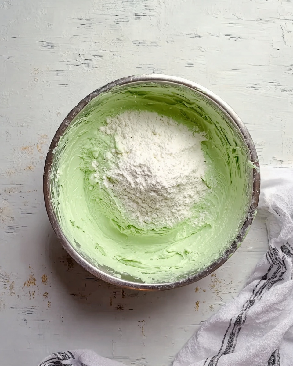 A metal bowl filled with a light green, creamy mixture that looks smooth and soft, with a mound of white powder placed in the center on top of the green mixture. The bowl rests on a white marbled surface that shows slight wear and has a folded white cloth with gray stripes next to it. The scene is bright and simple, focusing on the texture and colors inside the bowl, photo taken with an iphone --ar 4:5 --v 7