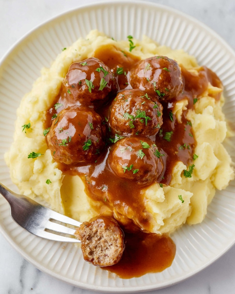 On a white plate with ridged edges, there is a base layer of creamy, pale yellow mashed potatoes with a soft and fluffy texture spread in an irregular mound. On top of the mashed potatoes, five round meatballs are placed closely together, covered generously in a thick, shiny brown sauce that drips slightly around the edges. The meatballs are a medium brown color with small flecks visible inside. Finely chopped green herbs are sprinkled over the meatballs and sauce, adding a touch of fresh green color. In the bottom left corner, a fork holds a meatball cut in half, showing the inside texture and some sauce around it. The plate sits on a white marbled surface. photo taken with an iphone --ar 4:5 --v 7