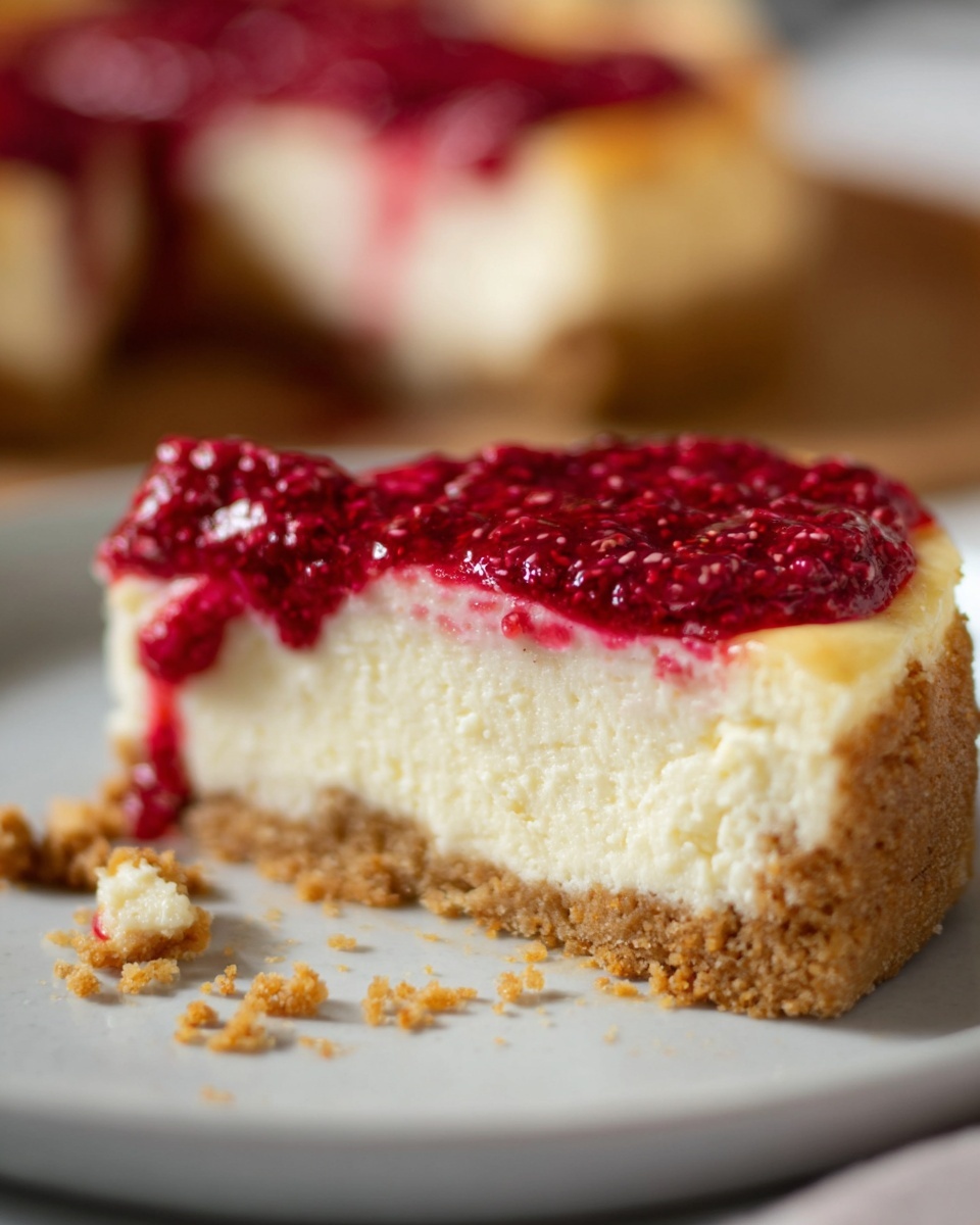 A close-up of a cheesecake slice on a white plate placed on a white marbled surface. The cheesecake has three layers: the bottom layer is a crumbly light brown crust, the middle layer is a thick and creamy off-white cheese filling with a smooth texture, and the top layer is a bright red raspberry sauce with small berry pieces, spread unevenly but covering most of the slice. Some crumbs are scattered on the plate around the slice. The background is softly blurred, showing out-of-focus food items. Photo taken with an iphone --ar 4:5 --v 7