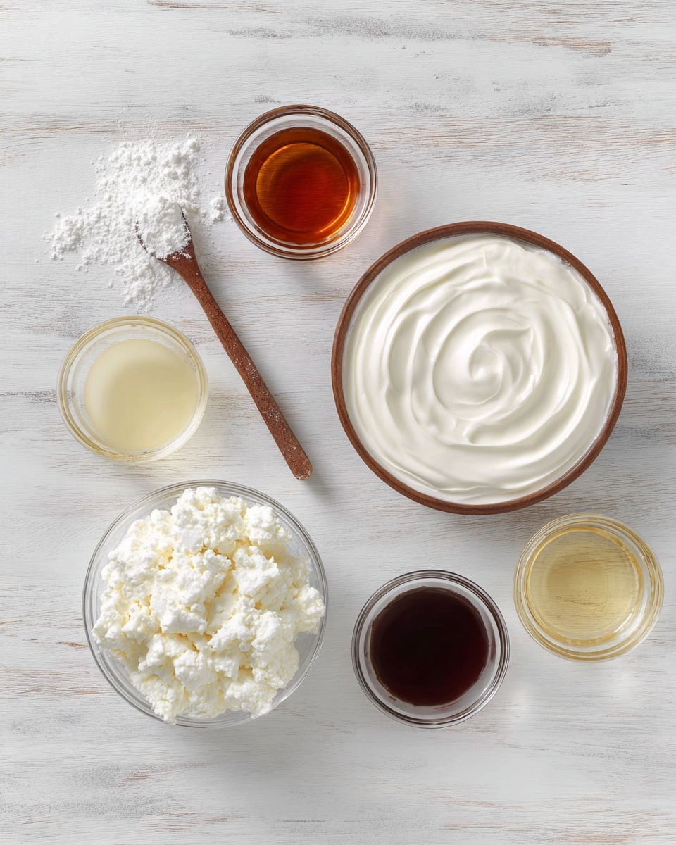 Healthy Protein Cheesecake Jars Recipe 4 The image shows six small containers with different ingredients arranged on a white marbled surface. On the top right is a round bowl filled with thick, smooth white cream with swirled texture on top. Below it, on the bottom left, is another round bowl holding white, chunky curds that look soft. Between the cream and curds are three small clear glass bowls with different liquids: a dark amber liquid at the top center, a pale yellow liquid in the middle, and a very dark brown liquid at the bottom right. To the left of the glass bowls is a small wooden spoon filled with white powder resting on the surface. The overall colors are soft whites and browns with clear glass and natural wood, displayed neatly. photo taken with an iphone --ar 4:5 --v 7