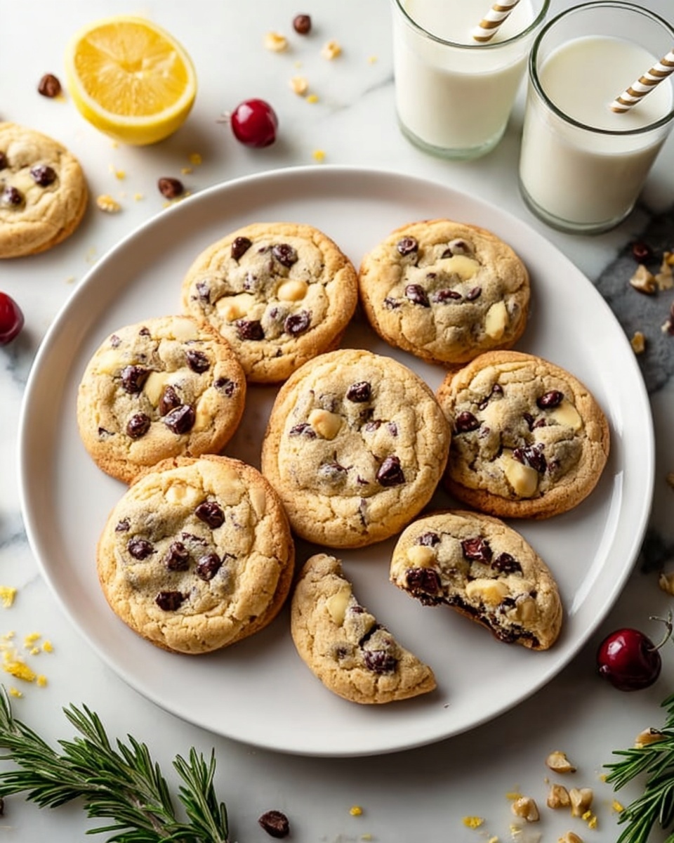 A white plate holds nine round, golden-brown chocolate chip cookies, some whole and some broken showing soft, dark chocolate inside. The cookies have a slightly cracked surface with scattered chocolate chips on top. The plate sits on a white marbled surface with small brown nuts and golden sprinkles around it. Nearby, there is a wedge of yellow lemon, green rosemary sprigs, a few red cherries, and two small clear glasses of white milk with striped straws. Photo taken with an iphone --ar 4:5 --v 7