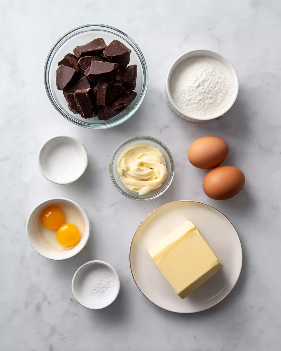Seven small white bowls and one clear bowl sit on a white marbled surface. The clear bowl is on the top left and filled with dark brown chocolate pieces. On the top center is a white bowl with white sugar. To the top right, a white bowl holds two brown eggs. Below that bowl is a small empty round clear bowl. In the center on a white plate is a block of yellow butter. On the bottom left are two small white bowls, one with a white powder and the other with two yellow egg yolks. The arrangement is neat and spaced out photo taken with an iphone --ar 4:5 --v 7