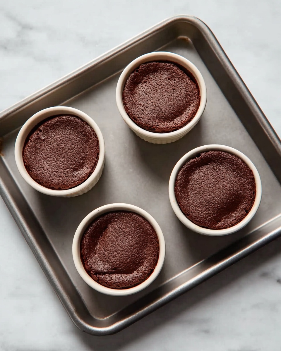 The image shows four small round chocolate cakes in white ceramic ramekins placed evenly on a grey metal baking tray. Each cake has a rich dark brown top with a slightly cracked texture, indicating a baked surface. The tray sits on a white marbled surface that contrasts softly with the dark color of the cakes. The cakes look moist and dense with smooth edges fitting perfectly inside the ramekins. photo taken with an iphone --ar 4:5 --v 7