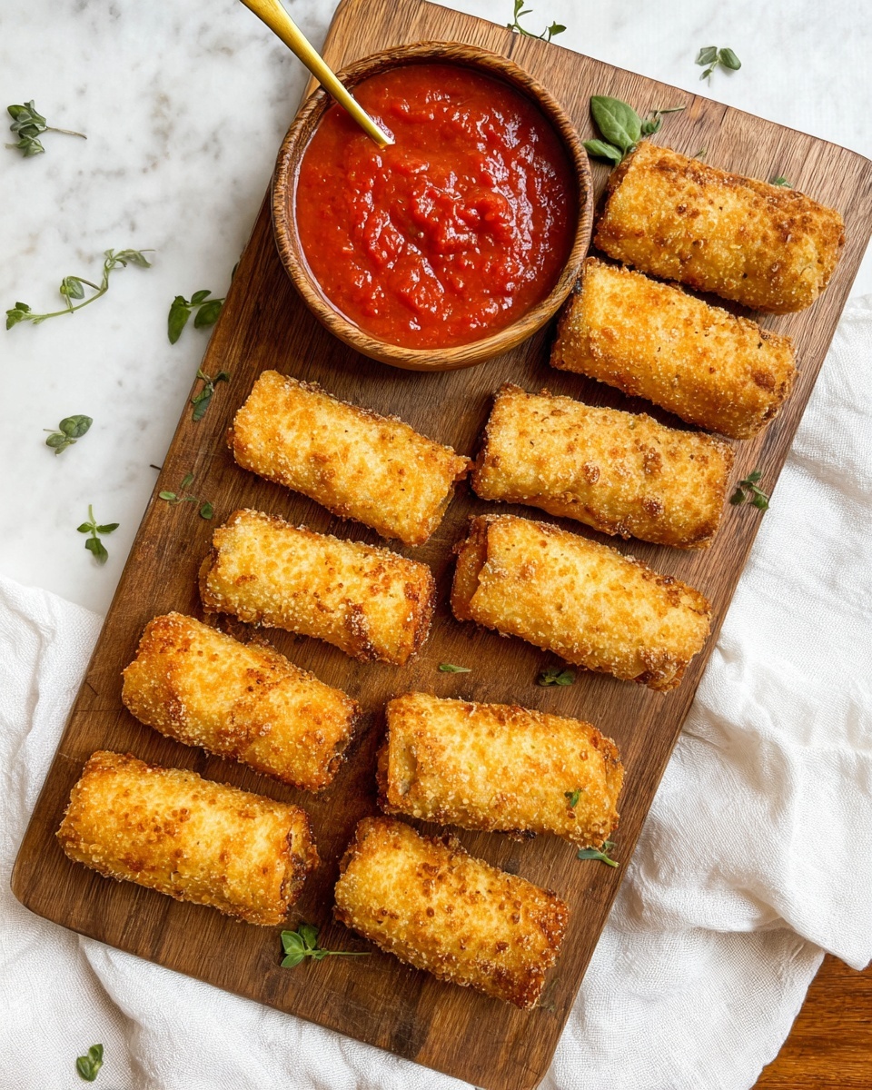 A wooden board holds ten golden-brown crispy fried rolls arranged in a slight diagonal pattern, each roll having a crunchy, textured coating. Near the top center of the board is a round wooden bowl filled with bright red thick sauce, with a gold spoon placed inside. Small green herb leaves are scattered around the rolls on the board. The board is placed on a white marbled textured surface with a white cloth draped loosely nearby. photo taken with an iphone --ar 4:5 --v 7