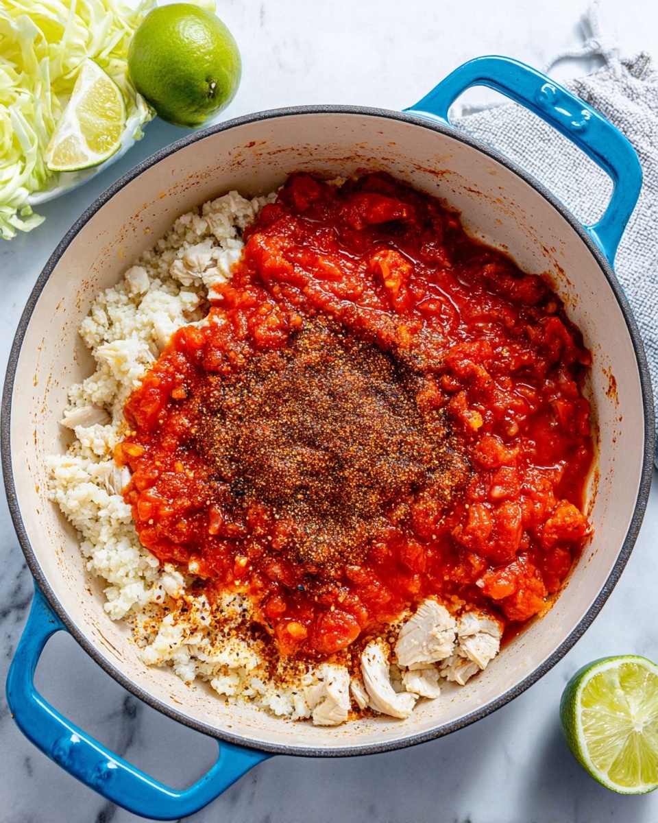 The image shows a white pot with blue handles on a white marbled surface, filled with three main layers. The bottom layer is light-colored cooked ground meat spread evenly. On top of the meat, there is a layer of chunky red tomato sauce covering the center part of the meat. The top layer consists of a mix of dark brown and reddish spices sprinkled over the tomato sauce and some meat, adding texture and color contrast. Nearby, there are lime pieces and a quartered wedge of cabbage on the white marbled surface. Photo taken with an iphone --ar 4:5 --v 7
