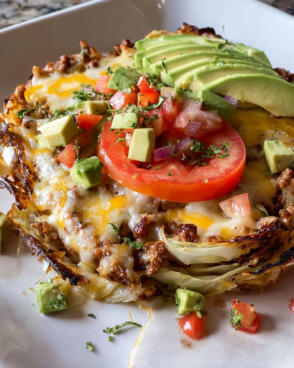 The dish shows a thick round slice of grilled cabbage as the base layer with visible char marks and a slightly crispy texture. On top is a layer of cooked ground meat unevenly spread, then a melted mixture of yellow and white cheese covering the meat with a bubbly texture. Fresh diced avocado and small red bell pepper pieces are placed on one side, adding bright green and red colors. Thin slices of tomato are arranged over the cheese and around the dish as garnish. Small green herb leaves are scattered across the dish for a fresh touch. The food is on a brown surface with a white marbled texture beneath. photo taken with an iphone --ar 4:5 --v 7