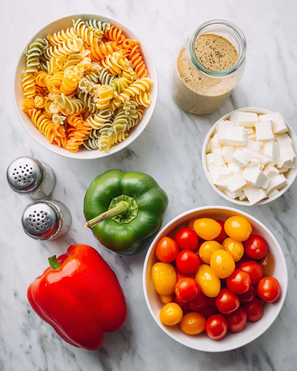 The image shows five main parts on a white marbled surface. In the top left, there is a white bowl full of colorful spiral pasta with yellow, orange, and green shades. In the top right, a glass bottle holds a light brown dressing with black pepper on the inside. Below, in the middle, a red bell pepper sits next to a green bell pepper. At the bottom left, a pair of small salt and pepper shakers is placed near a white bowl filled with big white cheese pieces. Finally, at the bottom right, a white bowl is full of halved cherry tomatoes in red and yellow colors. photo taken with an iphone --ar 4:5 --v 7
