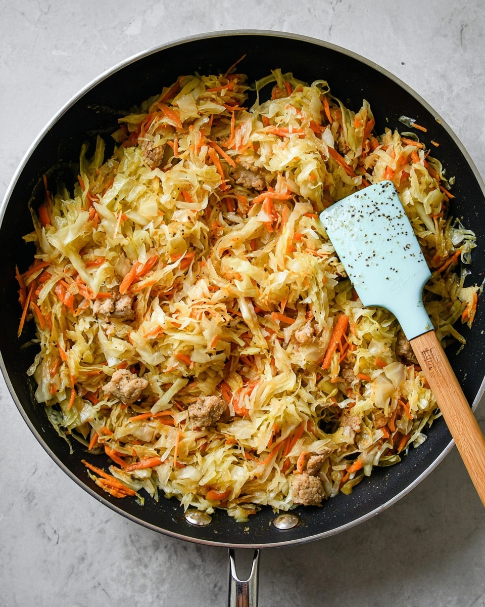 A black pan filled with a mix of shredded light yellow and orange vegetables, likely cabbage and carrots, combined with small pieces of light brown cooked meat, possibly chicken, all lightly seasoned with visible black specks of pepper or spices. A light blue spatula with a wooden handle is resting on the right side of the pan, partially submerged in the vegetable and meat mixture. The background is a white marbled texture. Photo taken with an iphone --ar 4:5 --v 7