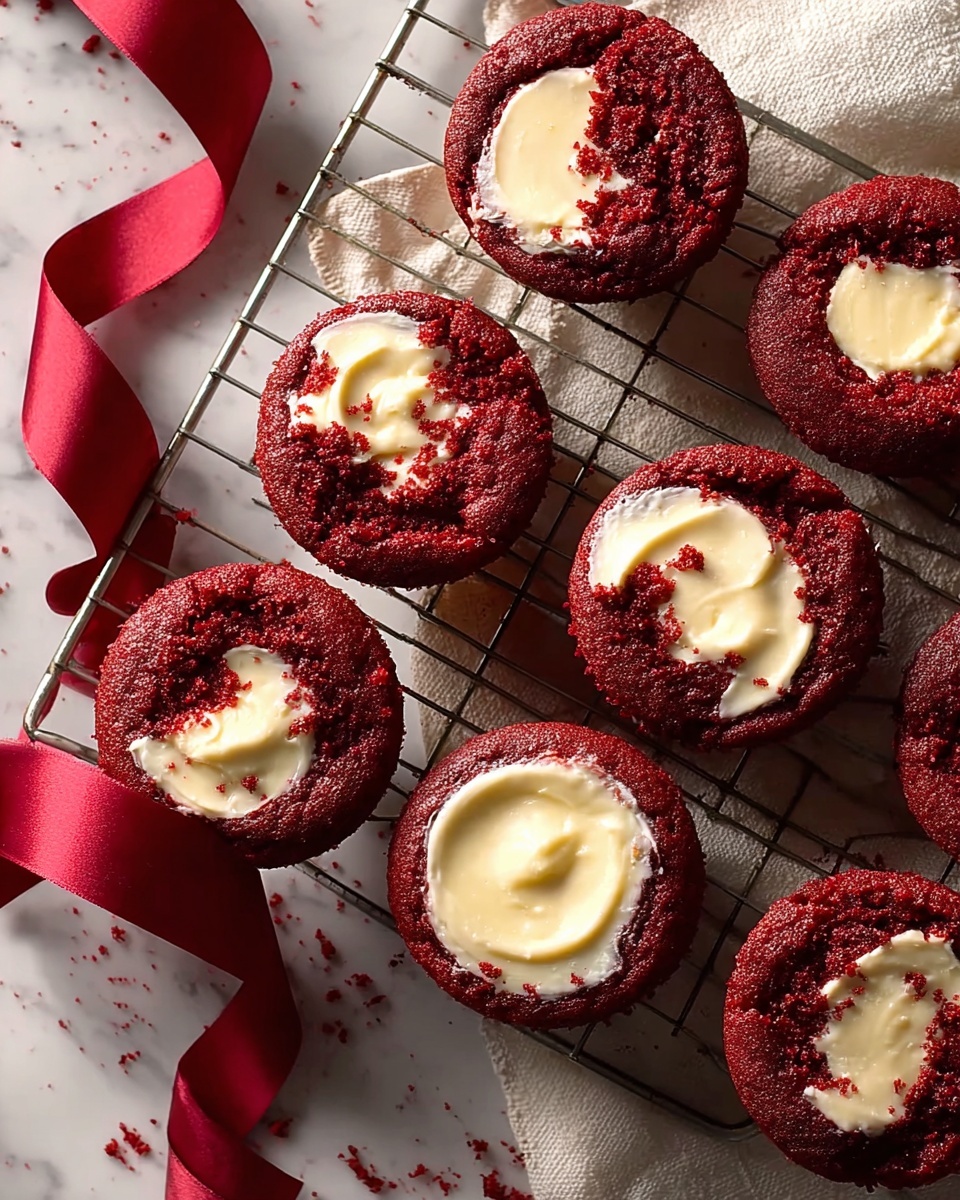 The image shows a group of round red velvet cupcakes arranged on a metal cooling rack. Each cupcake has two layers: a rich, dark red cake base with a slightly rough texture, and patches of creamy, off-white frosting peeking through the top, unevenly spread in the center. The cupcakes sit on a white marbled surface with a cream-colored cloth underneath part of the rack, sprinkled with crumbs. A deep red ribbon lies casually next to the cloth, adding a festive touch. The photo has soft lighting with shadows that highlight the texture of the cupcakes. Photo taken with an iphone --ar 4:5 --v 7