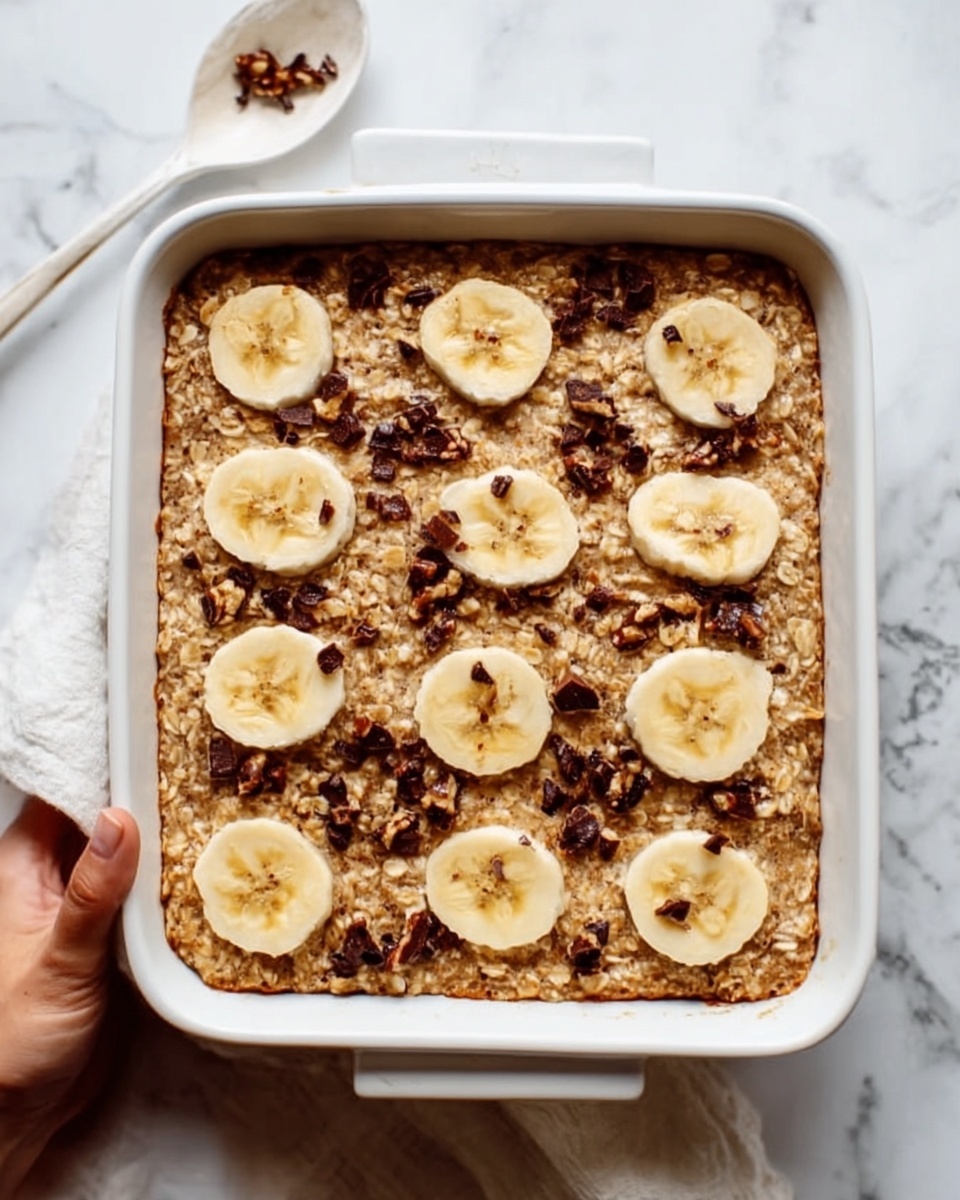 The image shows a white rectangular baking dish filled with a baked oatmeal dish. The oatmeal is light brown and has a soft, slightly crumbly texture. On top, there are evenly spaced round slices of banana arranged in rows across the whole dish. Some dark brown nut pieces are sprinkled on top, adding texture and contrast. The dish is placed on a white marbled surface, and a white spoon rests near the top left corner. A woman's hand is holding the dish from the bottom left edge. Photo taken with an iphone --ar 4:5 --v 7