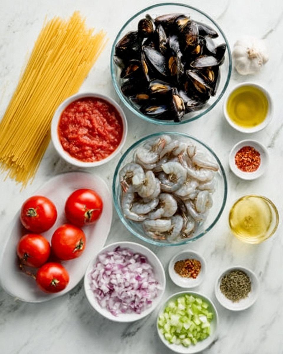 The image shows a white marble surface with various cooking ingredients arranged neatly. On the right side, there are two clear glass bowls stacked vertically; the top bowl holds dark, shiny mussels, and the bottom bowl contains peeled, raw shrimp that are pinkish-gray. To the left of these, there is a white plate with whole red tomatoes and spaghetti strands fanned out beside them. Around these main items, there are small white bowls and glass containers holding finely chopped red onions, tomato sauce, sliced green celery, minced garlic, red chili flakes, dried herbs, and oil. Each ingredient stands out with clear texture and bright colors. Photo taken with an iphone --ar 4:5 --v 7