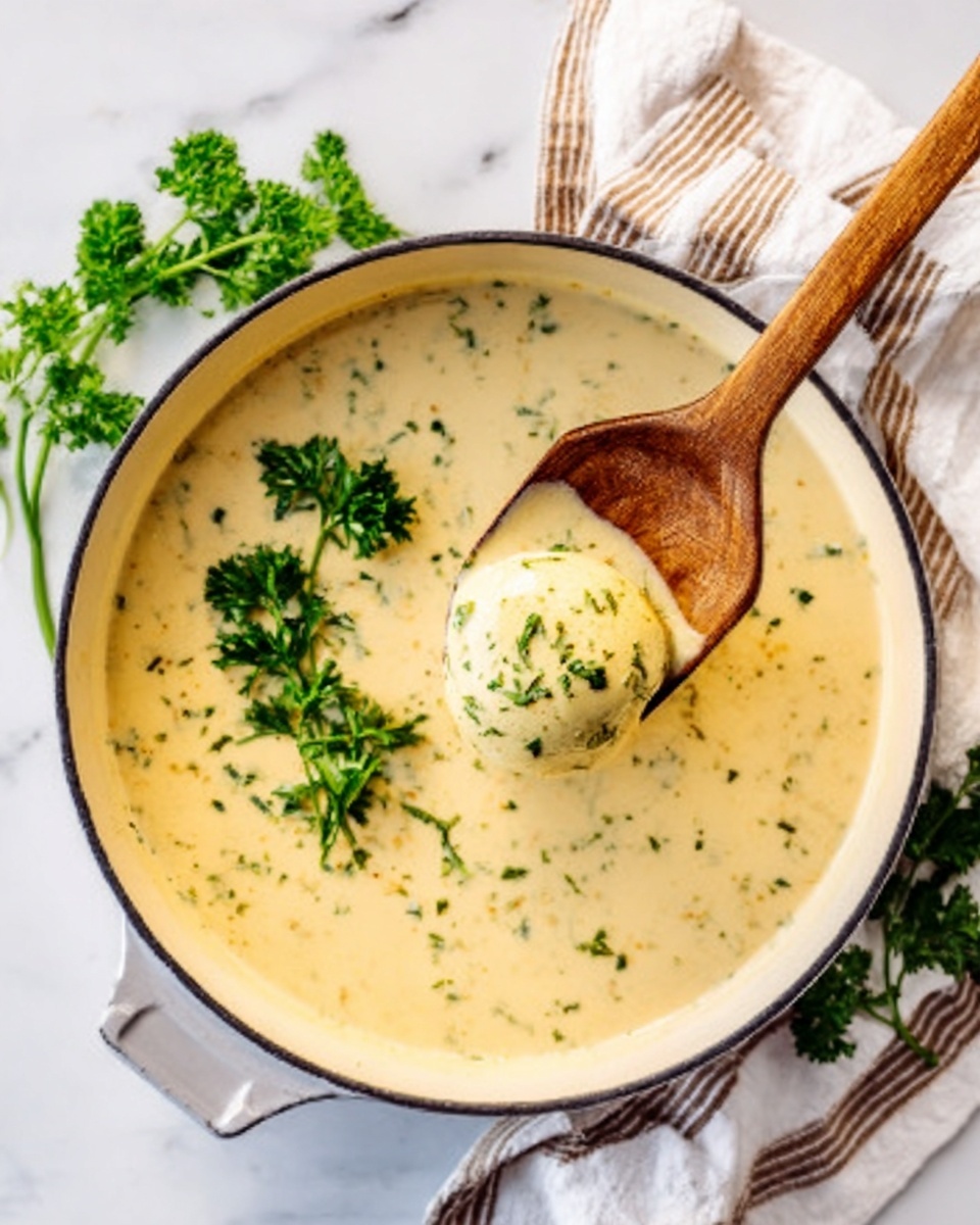 A white pan filled with creamy light beige soup sprinkled with small green herbs. A wooden spoon holds a round dumpling covered in the soup, lifted slightly above the pan. Fresh green herbs are placed inside the soup, adding a touch of color. The pan sits on a white marbled surface next to a white cloth with brown stripes and some leafy parsley. Photo taken with an iphone --ar 4:5 --v 7