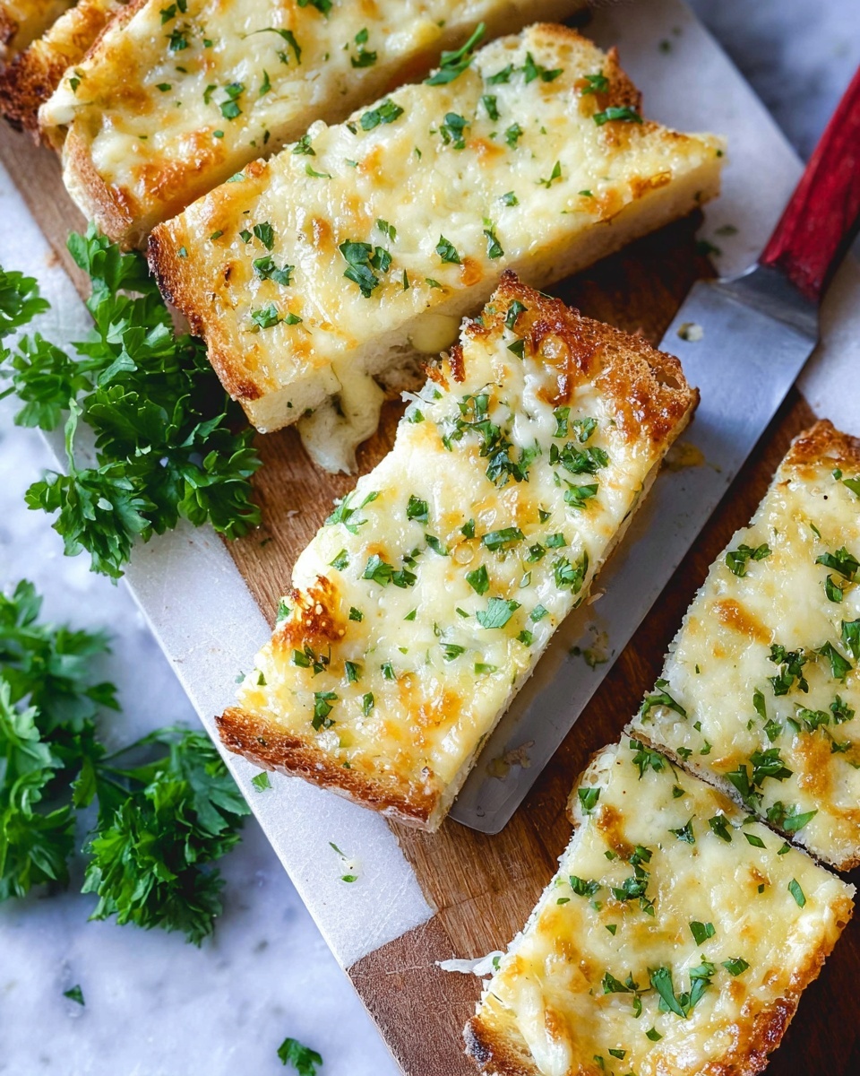 The image shows a white wooden board with several slices of toasted bread topped with melted cheese and small green herb bits, likely parsley, scattered across the cheese layer. The bread slices have a golden-brown crust with a soft, light interior and have a thick layer of creamy, slightly browned cheese on top. There is a metal knife with a red handle resting on the board, and fresh green parsley leaves are placed on the left side of the board. The surface beneath the board is a white marbled texture. The scene is bright and close up, capturing the texture of the melted cheese and herbs clearly. photo taken with an iphone --ar 4:5 --v 7